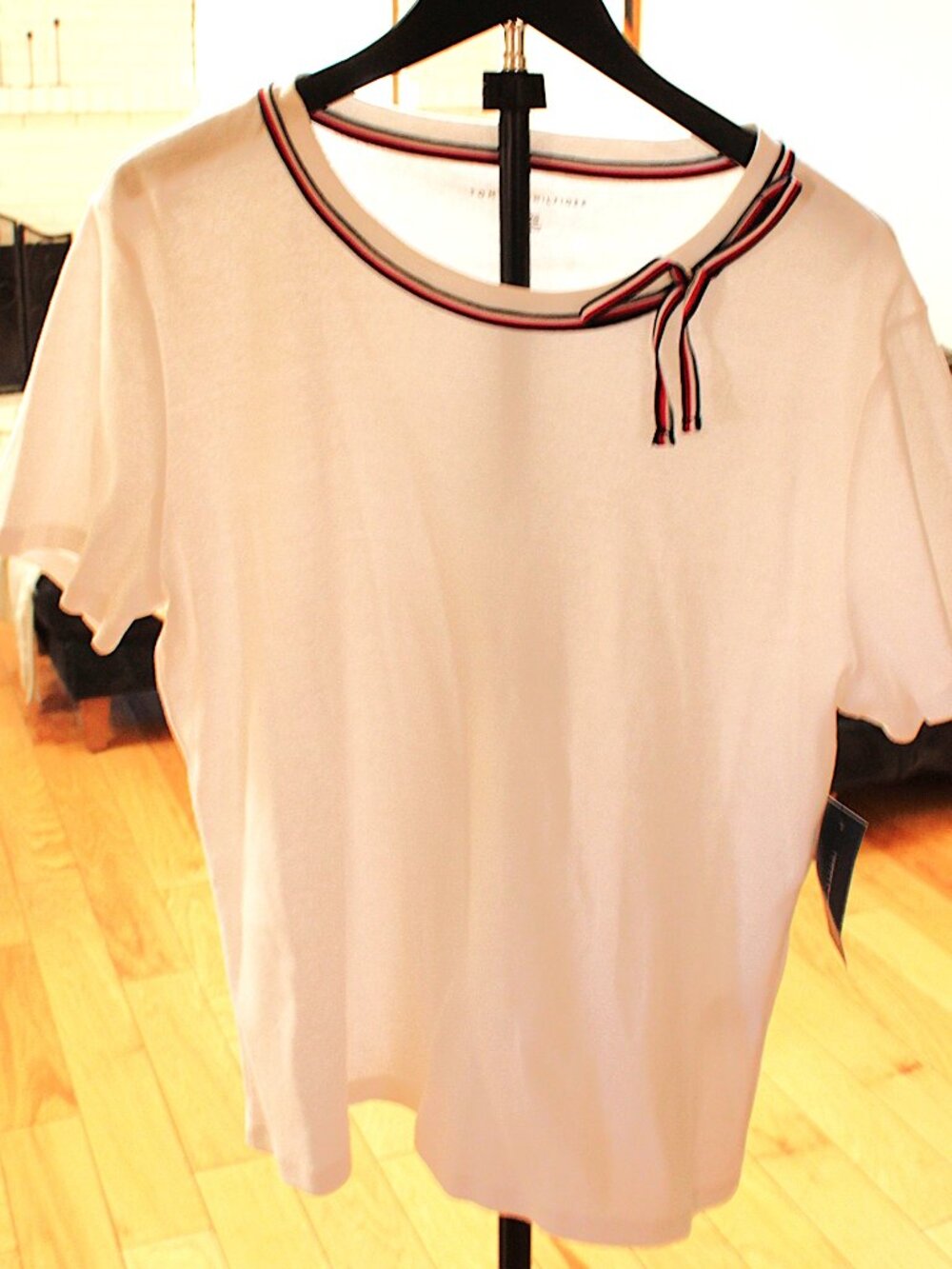Tommy Hilfiger White Tie-Neck Tee NWT XL Signature Stripe Trim